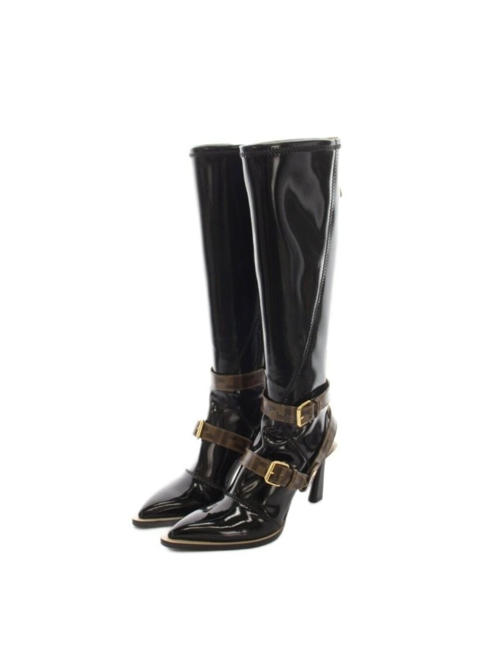 Fendi Zucca Pattern Patent Leather Long Boots Black Logo Belt Pointed Toe